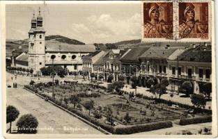 1944 Székelyudvarhely, Odorheiu Secuiesc; Batthyány tér, templom, Essigmann, Bokor Gyula üzlete, gyógyszertár / square, church, shops, pharmacy