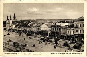 1941 Marosvásárhely, Targu Mures; Fő tér, plébánia és református templom, automobilok, üzletek / main square, Calvinist church and parish, automobiles, shops (fa)