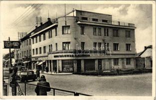 1938 Érsekújvár, Nové Zámky; Földműves közkölcsön pénztár, automobil, üzletek, benzintöltő / bank, automobile, shops, gas station (EK)