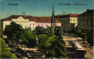 1927 Temesvár, Timisoara; Piata Libertatii / Szabadság tér, villamos, üzletek / square, tram, shops (EK)