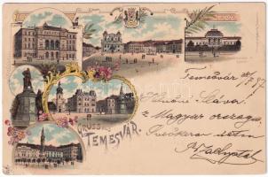 1897 (Vorläufer) Temesvár, Timisoara; színház, Józsefvárosi zárda, Gyárváros, Kossuth tér, Jenő herceg tér, Losonczy tér, Scudier szobor. Uhrmann Henrik kiadása / theatre, squares, nunnery, monument. O.Z.M. Art Nouveau, floral, litho (kis szakadás / small tear)