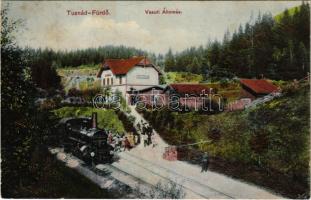 1909 Tusnád-fürdő, Baile Tusnad; vasútállomás, gőzmozdony, vonat. Brunner Lajos kiadása / railway station, locomotive, train (ázott sarok / wet corner)