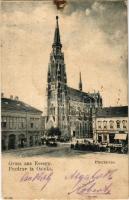 1906 Eszék, Essegg, Osijek; Pfarrkirche, Kavana Corso / templom, piac, kávéház / church, market, cafe (fl)