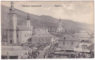 1917 Zalatna, Zlatna; Piac tér, templomok. Popeszku Bazil kiadása, remethy János fényképész felvétele / market, churches