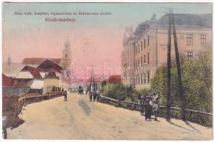 1911 Kézdivásárhely, Targu Secuiesc; Római katolikus templom, főgimnázium, Katona utca. Turóczi István kiadása / chruch, school, street