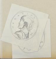 Borsos Miklós vázlatgyűjtemény, benne összesen 49 darab éremterv grafikája vegyes minőségű papírlapo...