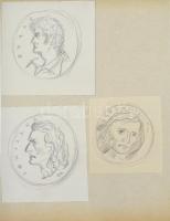 Borsos Miklós vázlatgyűjtemény, benne összesen 49 darab éremterv grafikája vegyes minőségű papírlapo...