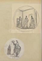 Borsos Miklós vázlatgyűjtemény, benne összesen 49 darab éremterv grafikája vegyes minőségű papírlapo...