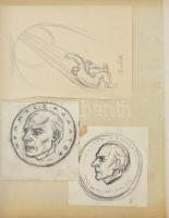 Borsos Miklós vázlatgyűjtemény, benne összesen 49 darab éremterv grafikája vegyes minőségű papírlapo...