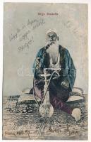 1906 Ada Kaleh, Bego Mustaffa török férfi vízipipázik / Turkish man with hookah, shisha (r)