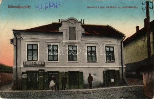 1917 Sátoraljaújhely, Kossuth Lajos lakóhelye az emléktáblával, Bor, sör és pálinka mérés a szőlő fürthöz (kopott sarkak / worn corners)