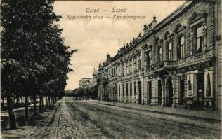 1908 Eszék, Essegg, Osijek; Kapucinska ulica / Kapuzinergasse / utca, Skender Eger Bodega, Josip Kunetz üzlete, bank / street, shops (EK)