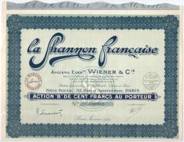Franciaország / Párizs 1929. La Shannon Francaise B részvénye 100Fr-ról szelvényekkel T:F France / Paris 1929. La Shannon Francaise B share about 100 Francs with coupons C:F