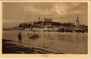 Pozsony, Pressburg, Bratislava; Duna-part, vár, gőzhajó / Danube riverside, castle, steamship