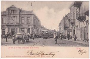 1903 Galati, Galatz; Bursa si Casele principale de Comerciu / stock exchange and the main trading houses, street, trams, Gattorno & Co., shop of Otto Harnisch