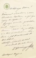 1914 Hoványi Géza, a Képviselőház jegyzője, képviselő által írt levél Bary Józsefhez.