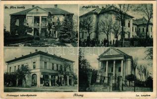 1937 Abony, Pestmegyei takarékpénztár, Izraelita templom, zsinagóga, Polgári iskola, Dr. Hirn kastély, Láng Vilmos üzlete (Rb)