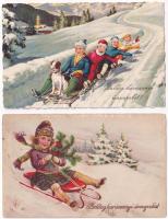 2 db RÉGI karácsonyi üdvözlőlap szánkózókkal, téli sport / 2 pre-1945 Christmas greeting postcards: sledding, winter sport