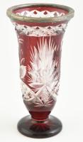 Ezüst (Ag) peremes bordó kristály váza, jelzett, kopásokkal, nettó: 24g