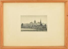 Lengyel György (?-): Budapesti látkép a Parlamenttel. Rézkarc, papír, jelzett, üvegezett fakeretben. 12,5x19,5 cm