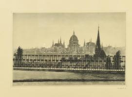 Lengyel György (?-): Budapesti látkép a Parlamenttel. Rézkarc, papír, jelzett, üvegezett fakeretben....