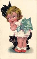 Child with black cat