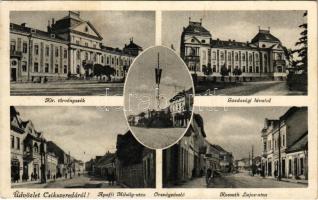1944 Csíkszereda, Miercurea Ciuc; Kir. törvényszék, Apaffi Mihály és Kossuth Lajos utca, gazdasági hivatal, országzászló / court, streets, economic office, Hungarian flag