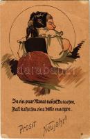 Prosit Neujahr! / New Year greeting art postcard with lady, erotic humour. litho (EB)