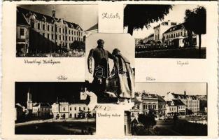 Zilah, Zalau; Wesselényi kollégium és eltávolított szobor, Fő tér, Vigadó / boarding school, monument, main square, redoute. Foto Elite Péter + "1942 IX. 8. Zilah, A Wesselényi szobor újjáavatása" So. Stpl