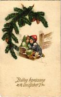 1932 Boldog karácsonyi ünnepeket / Christmas greeting art postcard, children with sled (EK)