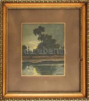 Terlaba jelzéssel: Vízparti naplemente. Akvarell, papír. Dekoratív, üvegezett, sérült fakeretben. 20×16,5 cm