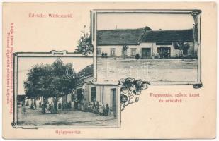 Vittenc, Wittencz, Wittenz, Chtelnica; gyógyszertár, Fogyasztási szövetkezet üzlete, orvoslak. Elvira fényképészeti műterem kiadása / pharmacy, cooperative shop, doctors house. Art Nouveau, floral