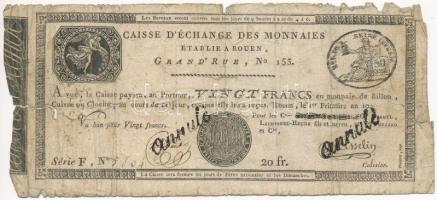 Franciaország / Rouen 1797-1803. 20Fr "annulé (érvénytelen)" felülbélyegzéssel T:IV  France Rouen 1797-1803. 20 Francs "annulé (cancelled)" C:G Krause#S245a