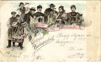 1898 (Vorläufer) Budapest, Üdvözlet Budapestről. Magyar folklór művészlap. Art Nouveau, floral, litho (r)