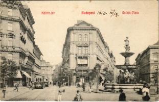 1910 Budapest VIII. Kálvin tér, villamos, szökőkút, Magyar Lámpagyár (fa)