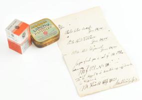 1877.VII.21. Orvosi recept, Szentkirályi Gyula aláírással + 2 db régi gyógyszeres doboz (Silver Alloy papírdoboz, Läkerol-Borst-Pastilles fémdoboz)