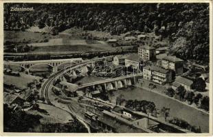 1932 Zidani Most, Steinbrück; general view with railway station, railway bridge, locomotive, train (EK)