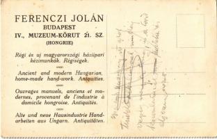 Ferenczi Jolán régi és új háziipari kézimunkák, népviseletek, parasztbabák, régiségek. Budapest V. M...