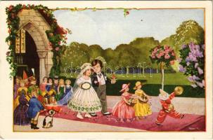 1940 Esküvő / Children art postcard, wedding, clown s: Pólya T. (EK)