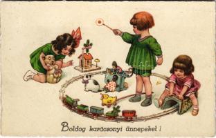 1931 Boldog karácsonyi ünnepeket! / Children art postcard with Christmas greeting, toys, train set