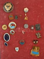 69db-os magyar és külföldi jelvénytétel zománcozott darabokkal, közte iskolajelvények, Kossuth-címer...