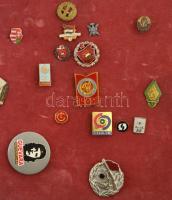 69db-os magyar és külföldi jelvénytétel zománcozott darabokkal, közte iskolajelvények, Kossuth-címer...