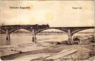 1907 Szeged, Vasúti híd, vonat, gőzmozdony, faúsztatás. Grünwald Herman kiadása (EB)