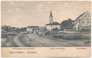 Alsóidecs, Alsó-Idecs, Eidisch, Ideciu de Jos; Kirchengasse mit Pfarrhaus, Kirche und Schule, Bauernhaus / Templom utca, Templom, plébánia és iskola, parasztház / street view, church, parish and school, farmhouse (fl)