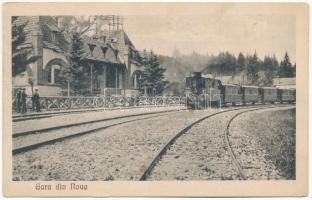 Brassó, Kronstadt, Brasov; Noa nyaraló városi-elővárosi vasútállomás gőzmozdonnyal / Gara din Noua / Bahnhof / railway station with locomotive, train (fl)