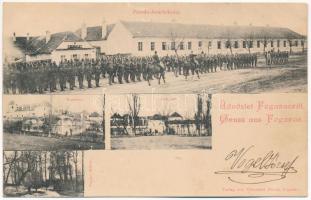 1899 (Vorläufer) Fogaras, Fagaras; Parade-Ausrückung, Kaserne, Schloss, Papier-Mühle / Katonai felvonulás, laktanya, Apafi kastély, papírmalom, papírgyár. Thierfeld Dávid kiadása / K.u.K. military parade, barracks, castle, paper mill (EK)