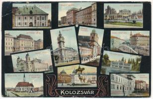 1922 Kolozsvár, Cluj; Mátyás király szülőháza, Központi egyetem, Városi kioszk a sétatérrel, Igazságügyi palota, Vármegyeház, Piaristák temploma, Ferenc József utca, Nemzeti színház, Mátyás király sor, Szent Mihály templom, Mátyás király szobor, Klinika főbejárata, korcsolyapavilon. Keszey Albert kiadása / birthplace of Mathias Corvinus, kiosk, promenade, Palace of Justice, county hall, church, street view, theatre, statue, skating rink, clinic, hospital (szakadások / tears)