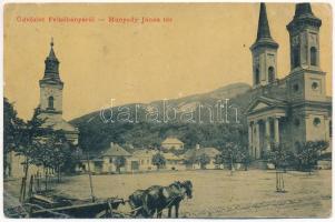 1908 Felsőbánya, Baia Sprie; Hunyadi János tér, templomok. Bonis Sándor kiadása. W.L. (?) 2356. / square with churches (EB)