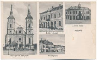 Naszód, Nasaud; Görög katolikus templom, Fő tér, Auróra Bank, Községháza, Moskovits Dávid üzlete. Kaim Mózes kiadása / Greek Catholic church, main square, bank, town hall, shop (fl)