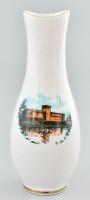 Hollóházi Gyula város látványossággal díszített porcelán váza. Matricás, jelzett, peremén kis kopással, m: 18 cm